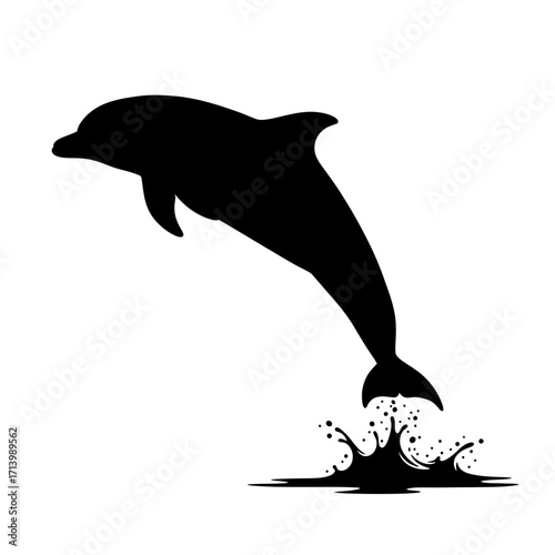 Black silhouette of a dolphin jumping out of water isolated on white background silhouette