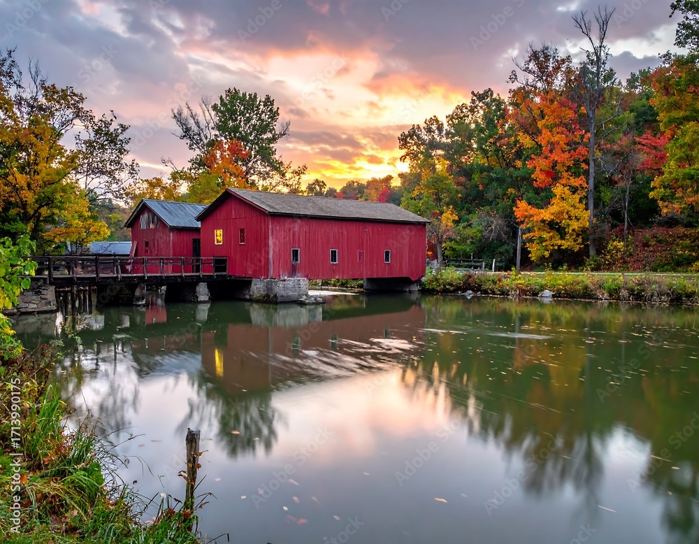 Obraz premium Autumnal sunrise over a red covered bridge reflecting on calm water