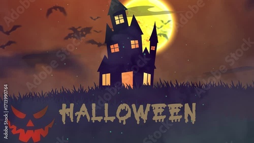 Halloween Haunted House Background with Spooky Pumpkin and Full Moon
