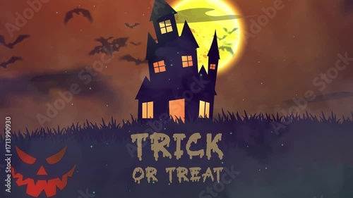 Trick or Treat Halloween Background with Haunted House, Pumpkin and Full Moon 