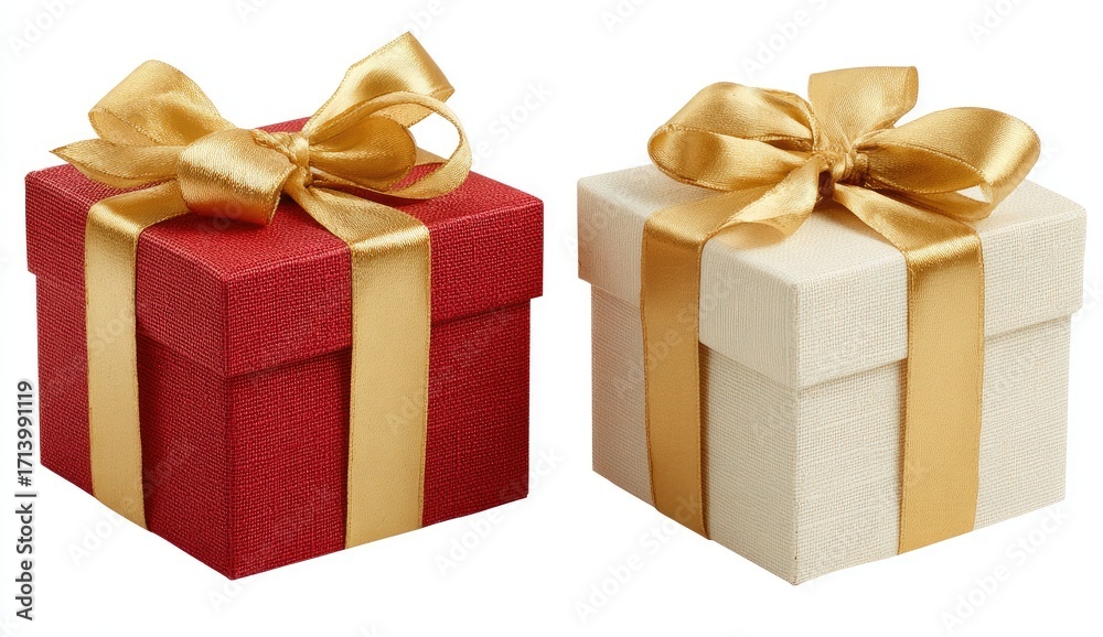 Fototapeta premium Two square gift boxes, red and cream, tied with gold ribbons