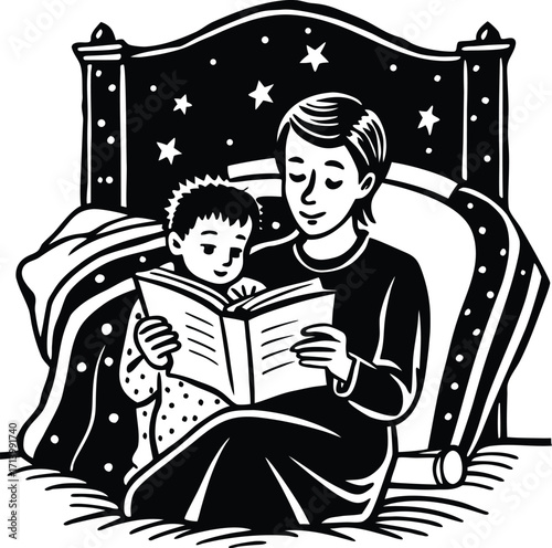 Cartoon vector illustration of a grandfather and grandson reading a book together, showcasing a special moment of family love and education