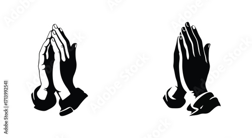 Two pairs of praying hands depicted in a simple black and white style