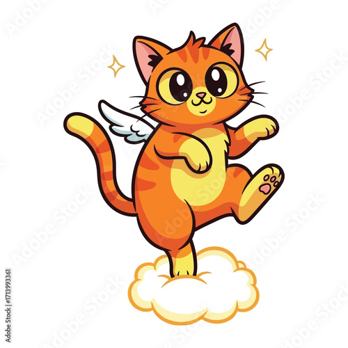 Cute Cat on Cloud: A cheerful cartoon illustration of a cute orange cat standing on a fluffy cloud, radiating joy and whimsy, evoking a sense of adorable feline charm.