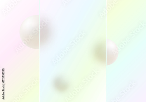 Minimal vector background featuring a translucent vertical glass panel with subtle pastel gradient and floating pearl spheres