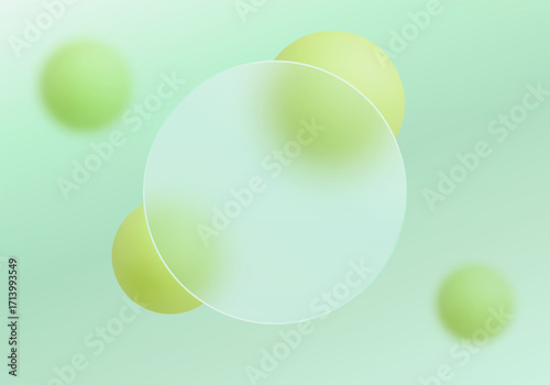 Minimalistic vector background with translucent glass circle and floating green spheres on gradient background.