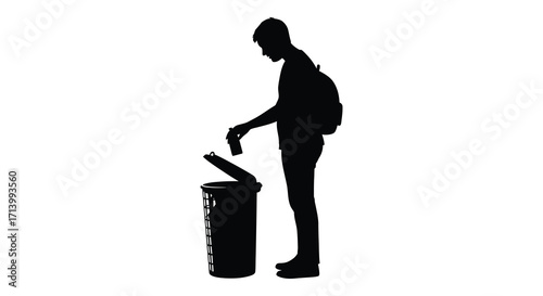 Silhouette of a person discarding trash into a public waste container