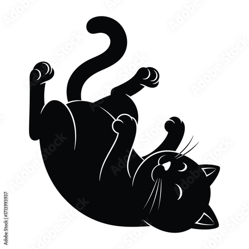 Playful black cat rolling: A sleek black cat, depicted in an illustrative style, playfully rolls on its back, showcasing its playful spirit and the simple joys of life. 