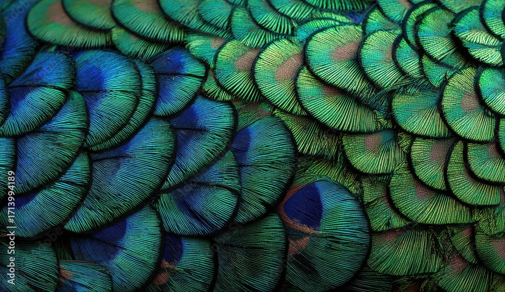 Obraz premium Close-up of peacock feathers, displaying intricate patterns of vibrant greens and blues