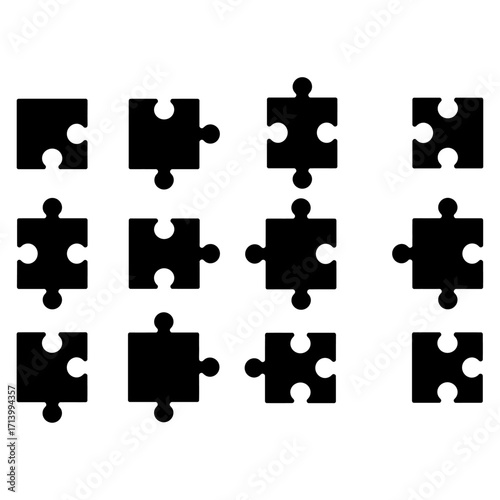 Twelve Black Jigsaw Puzzle Pieces A Collection of Simple Puzzle Icons
