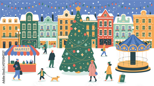 A christmas scene in a town square with a large tree