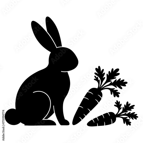 Silhouette of a rabbit and carrots on a white background, a simple illustration for children's stories