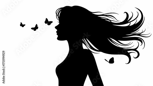 Silhouette of a woman with flowing hair and butterflies in black and white vector illustration art