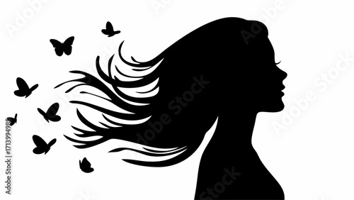 Silhouette of a woman with flowing hair and butterflies in black and white minimalist vector design art