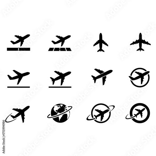 A comprehensive set of black silhouette airplane vector icons for aviation, global travel, and transport