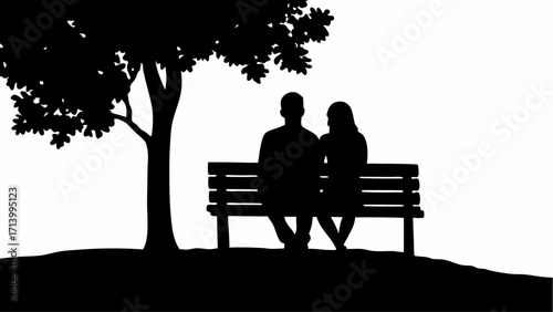 Silhouette of a couple sitting on a bench under a tree in black and white simple vector illustration