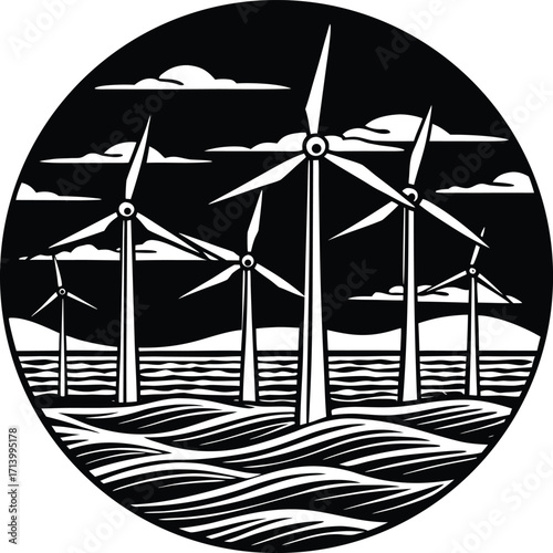 An illustrated wind turbine generator on a coastal landscape harnesses green, renewable energy for a sustainable environment