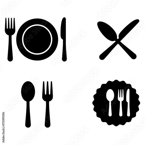 Set of four black and white icons representing cutlery and place settings for dining, including forks, knives, spoons, and plates
