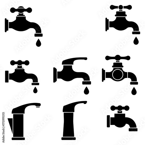 A collection of simple faucet illustrations, a compilation of bathroom and kitchen fixtures with a focus on water drops