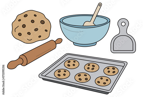 Cookie baking preparation tools with dough, bowl, rolling pin, and tray of chocolate chip cookies for dessert and pastry illustration projects
