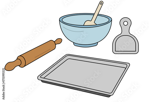 Essential baking tools set including mixing bowl, rolling pin, spatula, and oven tray for pastry and dessert preparation illustration
