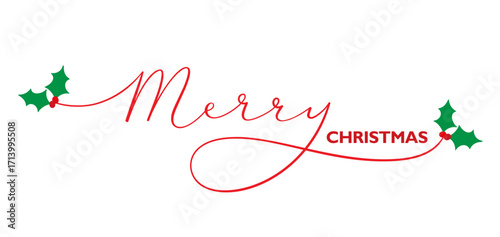 MERRY CHRSITMAS red vector brush calligraphy banner with holly motifs