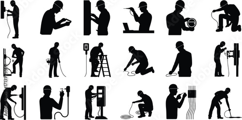Electrician silhouettes with cables, tools, wiring installation, repair workers vector, electrical maintenance staff, construction technicians, power line repair design illustration
