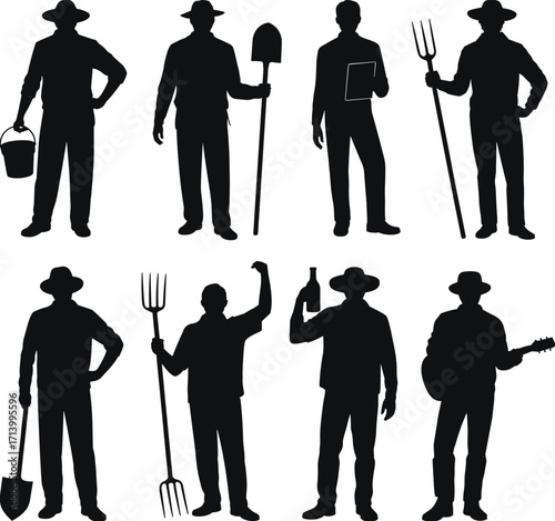 Farmer silhouettes with tools, agriculture workers, rural lifestyle, countryside labor, farming equipment, village life, farm activities, traditional work, outdoor occupation, rustic