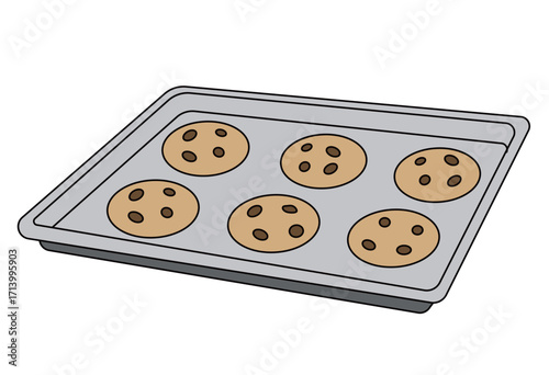 Chocolate chip cookie dough and freshly baked cookies on oven tray for dessert, pastry, and homemade baking illustration project
