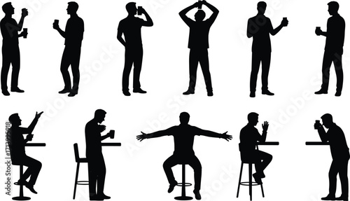 Silhouette collection of men sitting at tables, drinking, standing, talking, casual lifestyle activity, male poses, vector illustration set