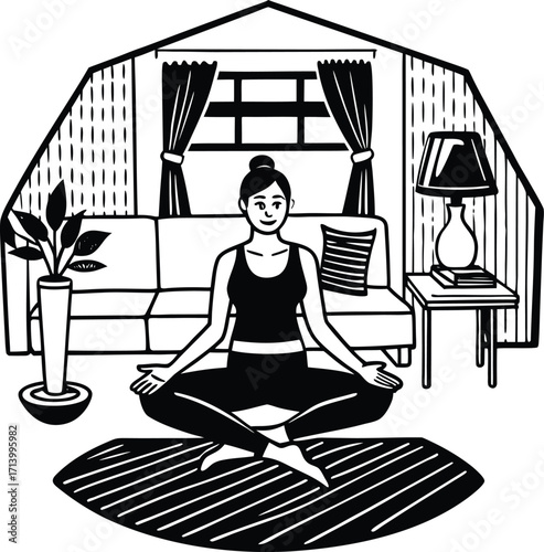Young woman doing lotus pose yoga on the beach for relaxation, vector illustration
