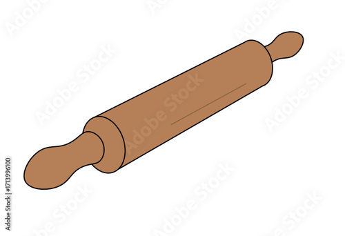 Wooden rolling pin for baking, pastry preparation, bread making, and dessert cooking utensil illu
