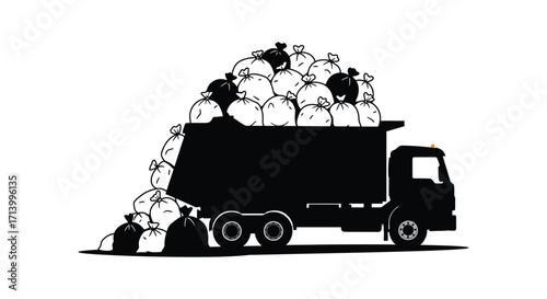 A black silhouette of a garbage truck overflowing with trash bags