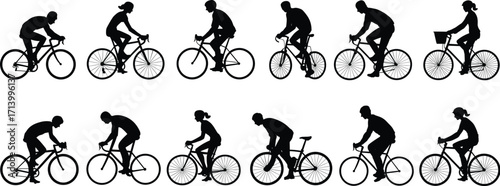 Silhouette set of cyclists riding bicycles, men and women cycling, bike sport activity, urban commuting, outdoor fitness exercise, vector illustration