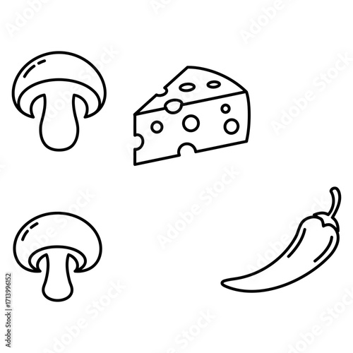 Set of simple food icons featuring mushrooms, Swiss cheese, and chili pepper in a minimal line art style