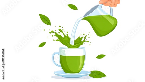 Wallpaper Mural A vibrant illustration depicts a hand pouring vibrant green tea into a glass cup, showcasing a dynamic splash effect and tea leaves. Torontodigital.ca