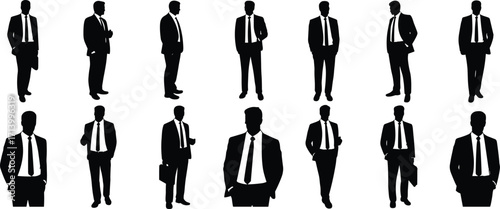 Silhouettes of businessmen in formal suits standing, posing, holding briefcase, corporate executives illustration, professional office lifestyle, business people vector