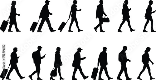 Silhouettes of travelers walking with luggage, business people with bags, passengers carrying suitcases, tourism journey illustration, vacation holiday vector design