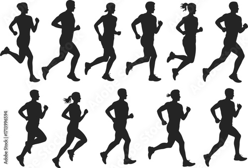 Running silhouettes of men and women, jogging exercise, fitness training, athletic workout, marathon runners, healthy lifestyle, outdoor sports activity, motion