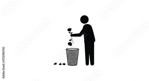 A silhouette of a person discarding roses into a waste bin