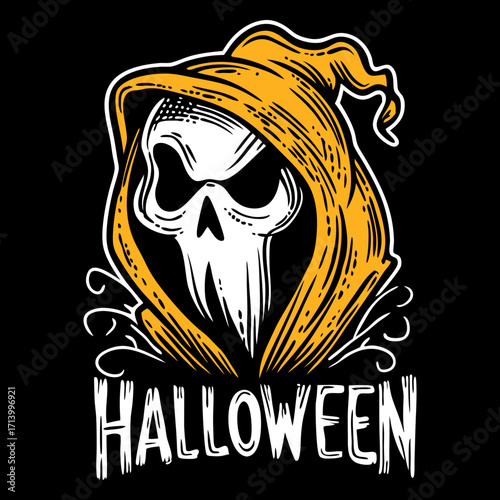 Scary grim reaper skull wearing yellow hood. Halloween spooky monster character. Hand drawn style. Vector illustration for greeting card, banner, poster