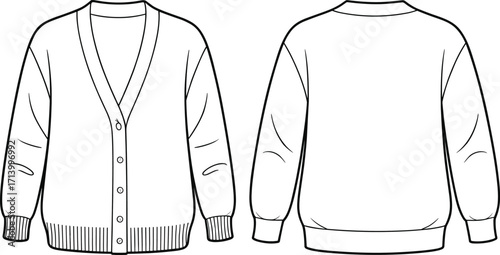Women’s cardigan sweater flat sketch, button front knitwear design, ribbed hem and cuffs, fashion apparel template, garment technical vector illustration