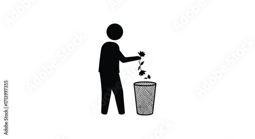A simple black silhouette of a person discarding a flower into a trash bin