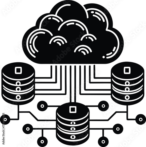 Cloud computing and storage vector illustration shows a car transporting data from a building to a delivery truck sign