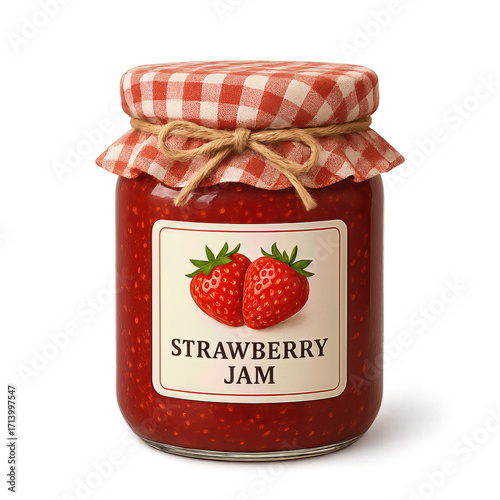 Strawberry Jam Jar with Gingham Lid. Ai generation