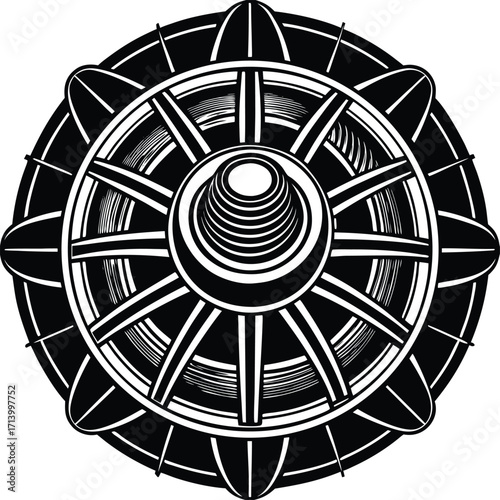 An elegant, antique clock face vector design with an astronomical pattern and black and white decoration