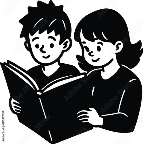 Smiling woman and her family enjoy reading books together