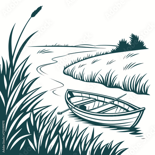 A solitary rowboat rests on a calm riverbank surrounded by tall grass and reeds