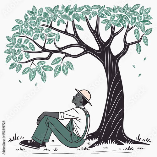 A man in overalls and a hat sits peacefully under a large tree looking up at the leaves