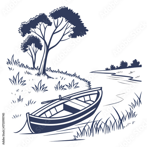 A solitary rowboat rests on the grassy shore beside a winding river and silhouetted trees